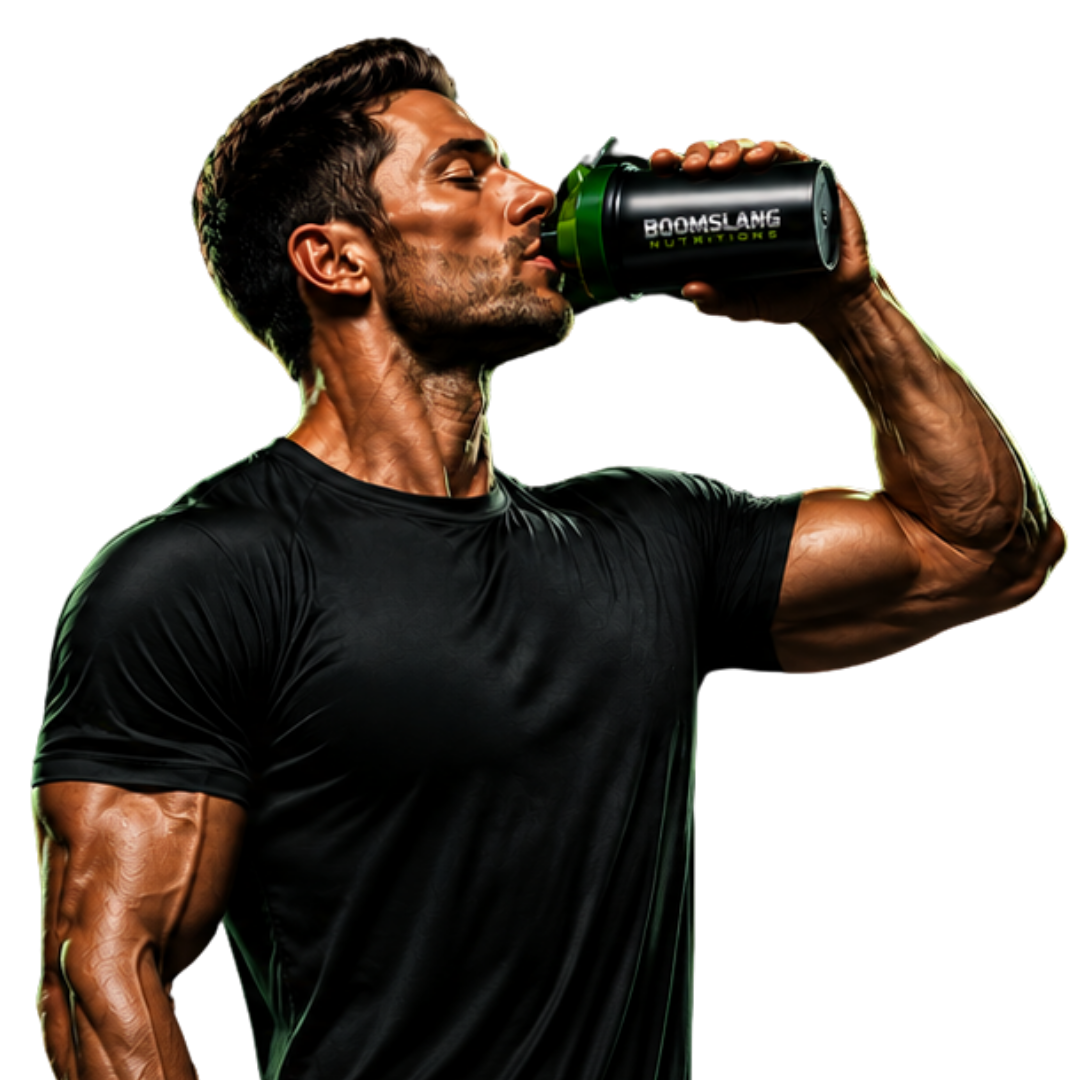 Athlete drinking a Boomslang Nutrition shaker